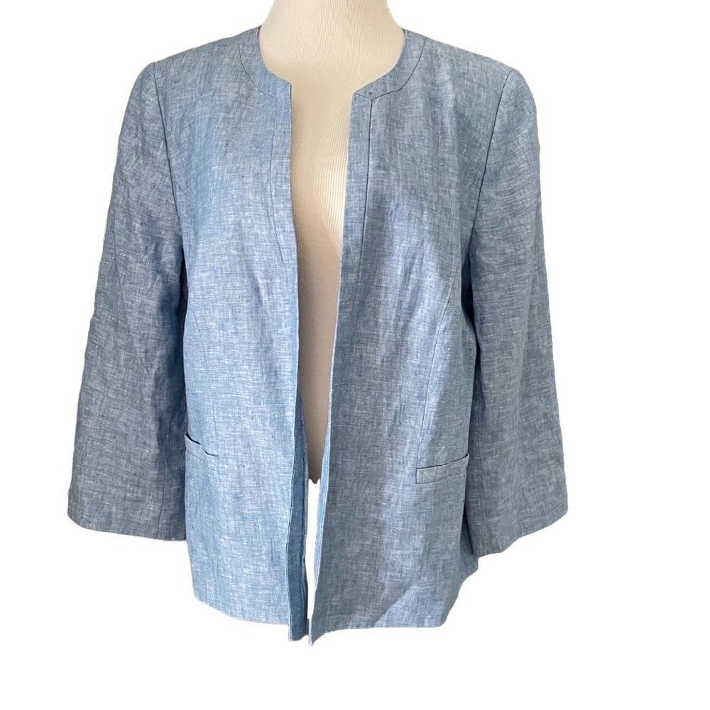Talbots Linen Blazer Open Jacket Blue Resort Coastal Euro Vacation Office 12